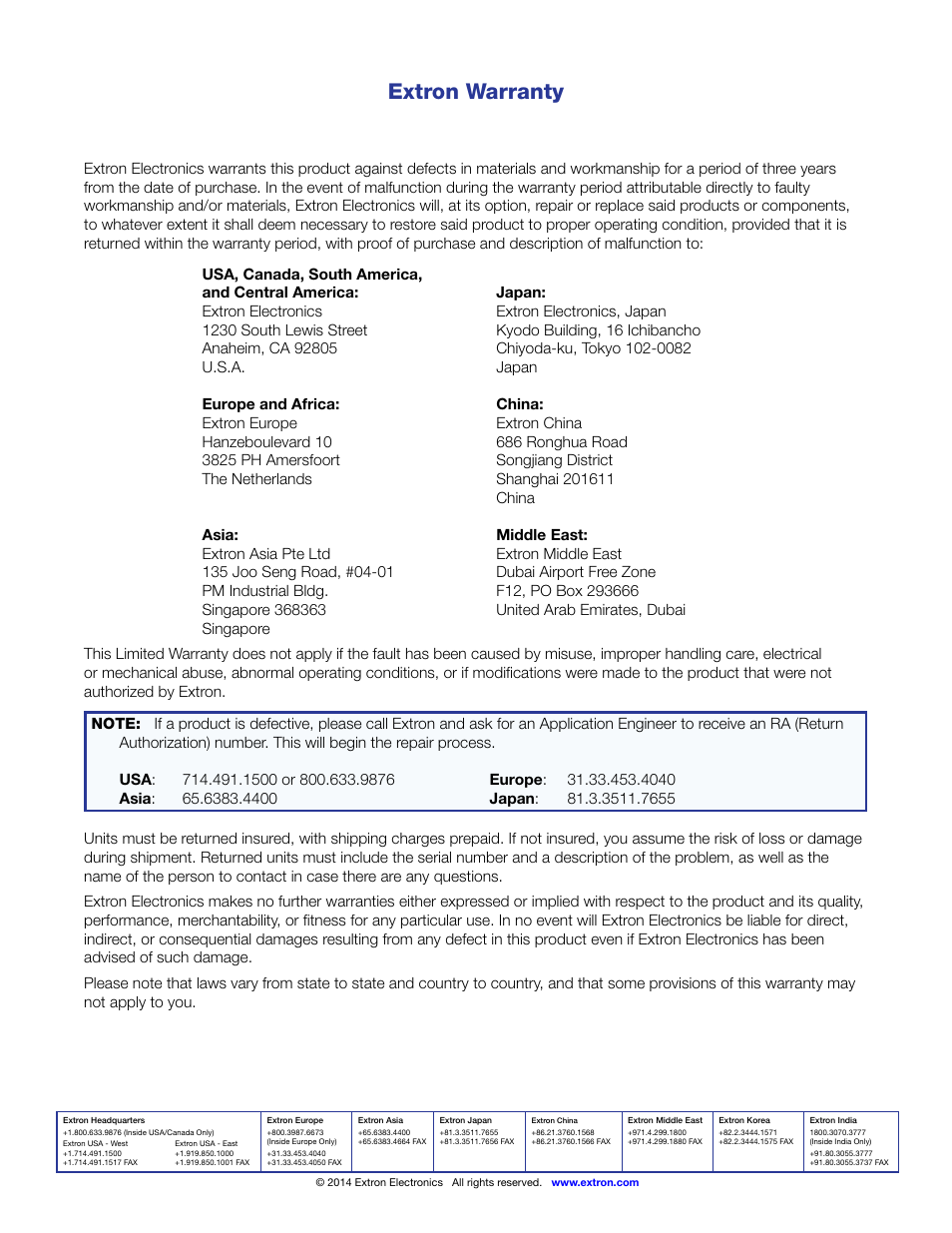 Warranty & contact info, Extron warranty, Contact information | Extron Electronics FOX Matrix 14400 User Guide User Manual | Page 95 / 95