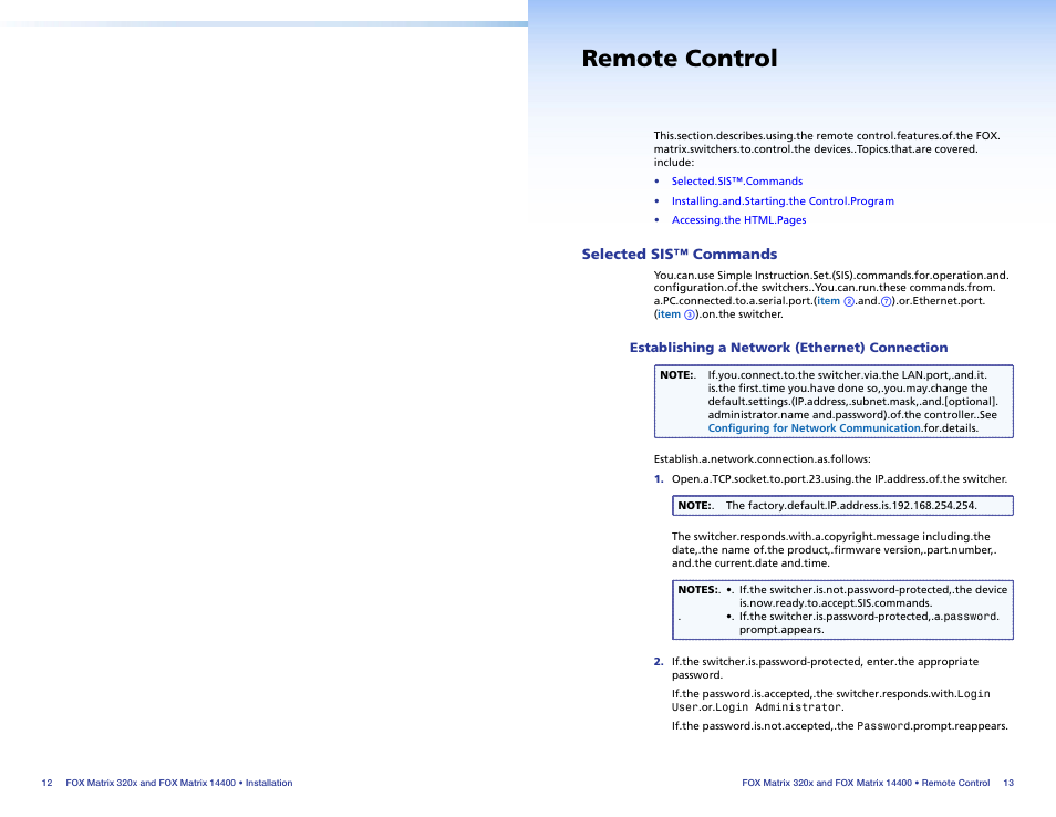 Remote control, Selected sis™ commands, Establishing a network (ethernet) connection | Selected.sis™.commands, Establishing.a.network. (ethernet).connection | Extron Electronics FOX Matrix 14400 Setup Guide User Manual | Page 10 / 21