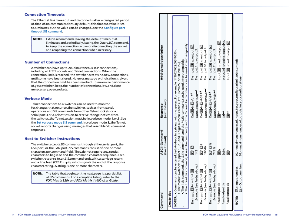 Connection timeouts, Number of connections, Verbose mode | Host-to-switcher instructions | Extron Electronics FOX Matrix 14400 Setup Guide User Manual | Page 11 / 21