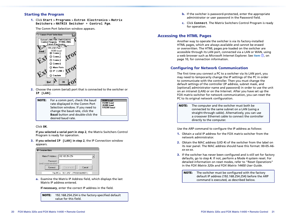 Starting the program, Configuring for network communication, Starting.the.program | Configuring.for.network. communication, Accessing the html pages | Extron Electronics FOX Matrix 14400 Setup Guide User Manual | Page 16 / 21