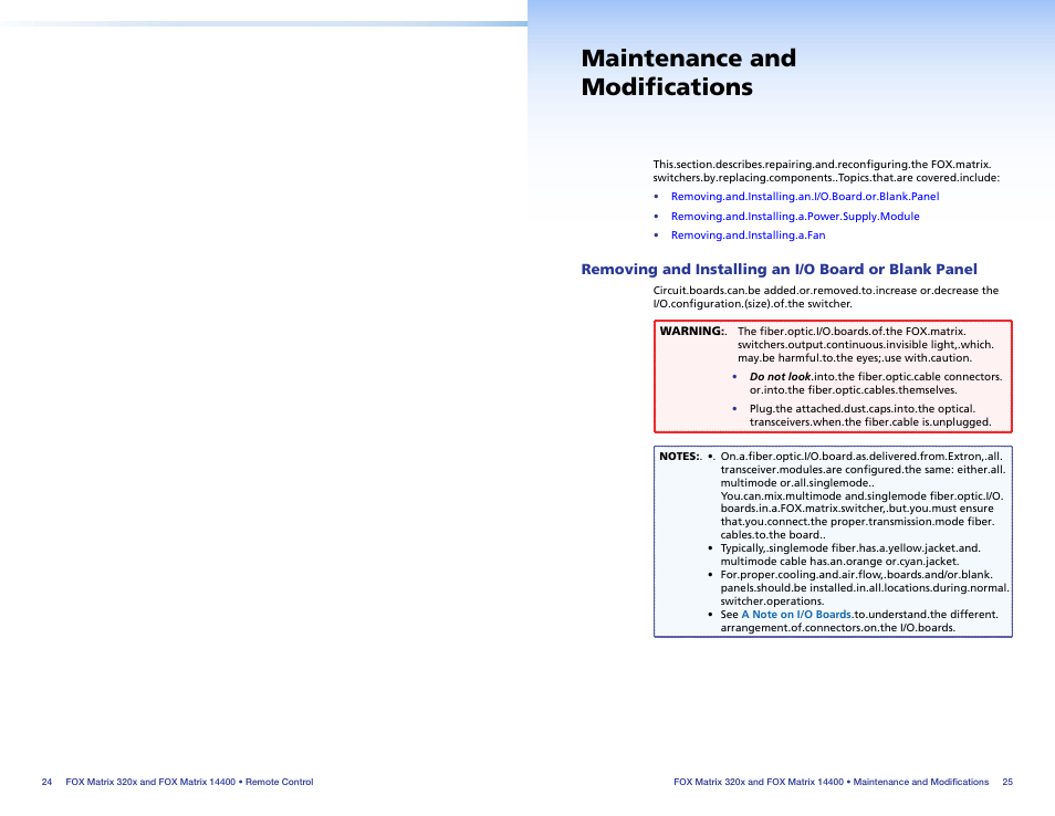 Maintenance and modifications, Replace the i/o boards, power supplies, and fans | Extron Electronics FOX Matrix 14400 Setup Guide User Manual | Page 18 / 21