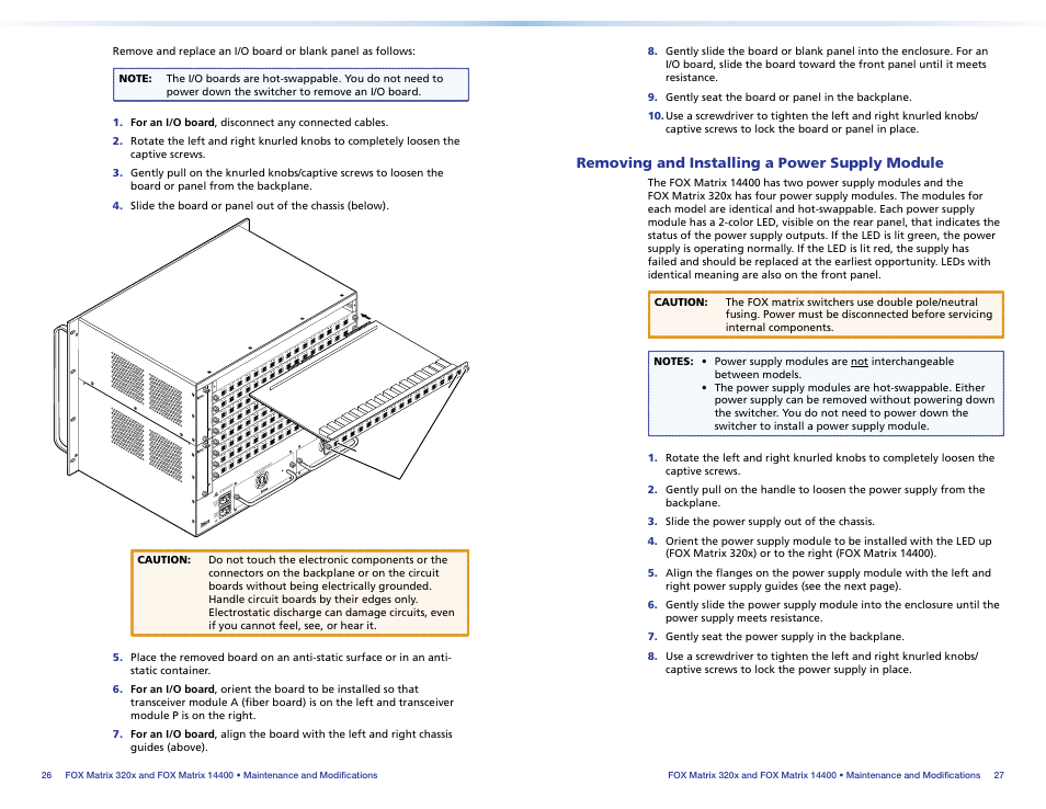 Removing and installing a power supply module, Removing.and.installing. a.power.supply.module, Maintenance and modifications | Maintenance, And modifications, Removing.and.installing.a.power.supply.module | Extron Electronics FOX Matrix 14400 Setup Guide User Manual | Page 19 / 21