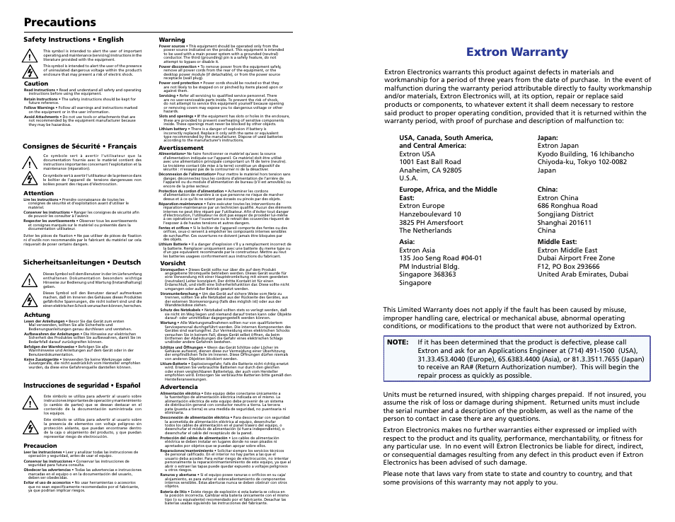 Precautions, Extron warranty, Instrucciones de seguridad • español | Extron Electronics FOX Matrix 14400 Setup Guide User Manual | Page 2 / 21