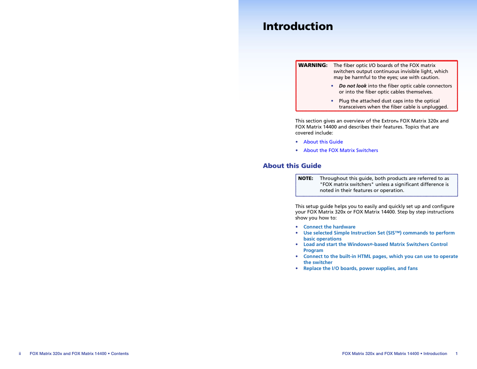 Introduction, About this guide, About.this.guide | Extron Electronics FOX Matrix 14400 Setup Guide User Manual | Page 4 / 21