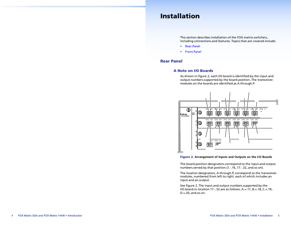 Installation, Rear panel, A note on i/o boards | Rear.panel, A.note.on.i/o.boards | Extron Electronics FOX Matrix 14400 Setup Guide User Manual | Page 6 / 21
