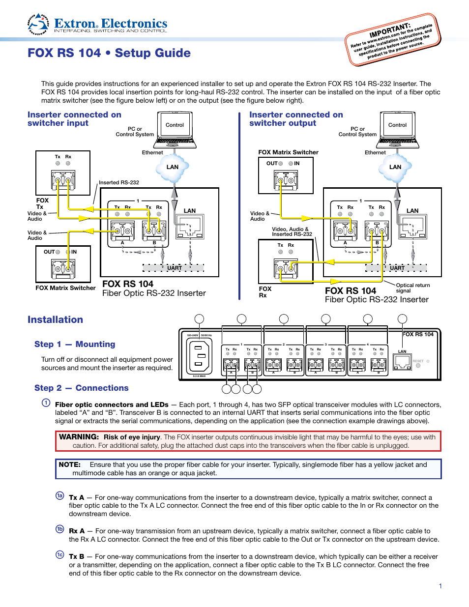 Extron Electronics FOX RS 104 Setup Guide User Manual | 2 pages