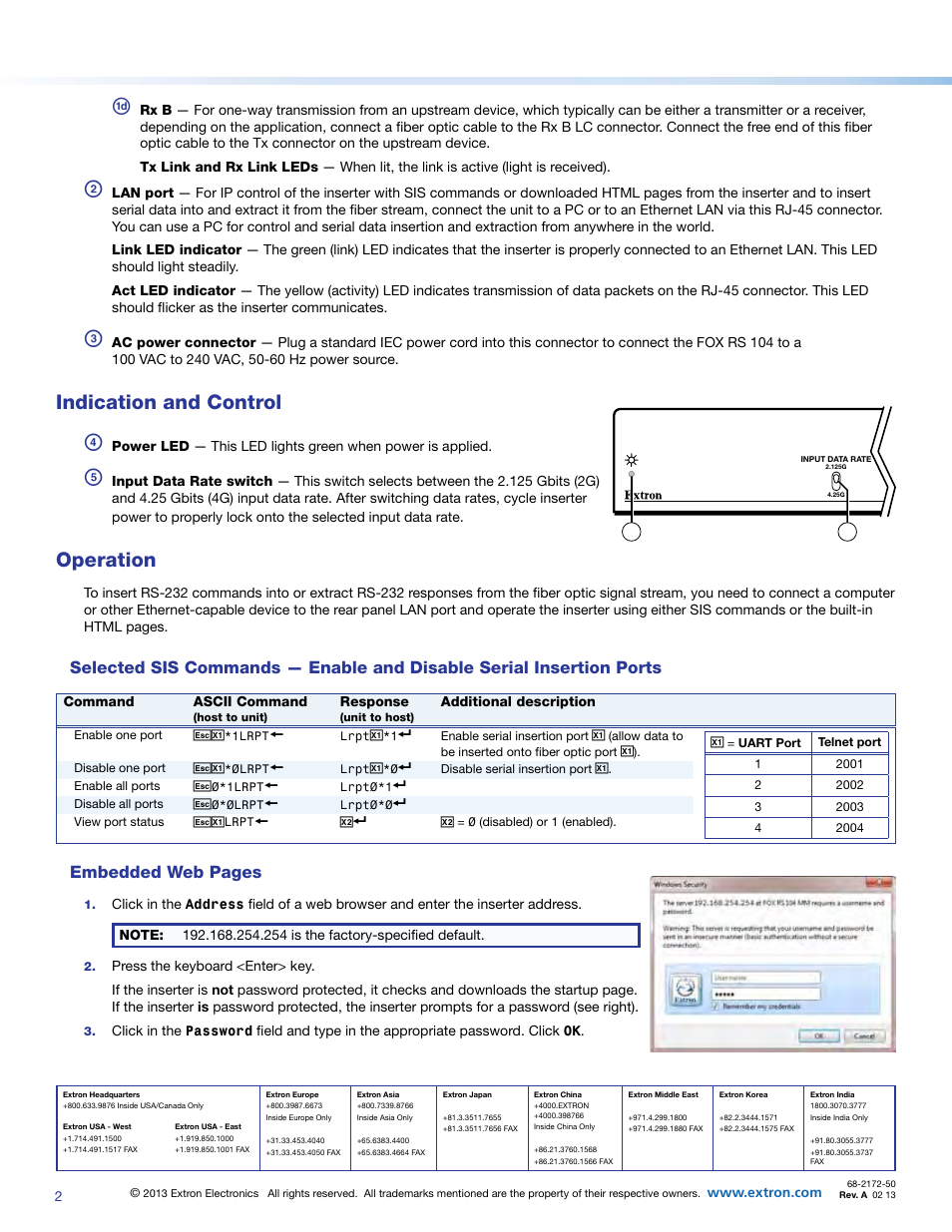 Indication and control, Operation, Embedded web pages | Extron Electronics FOX RS 104 Setup Guide User Manual | Page 2 / 2