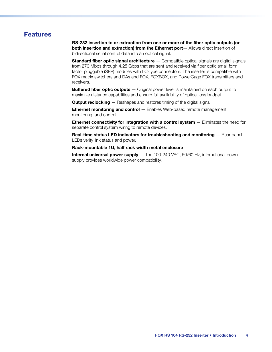 Features | Extron Electronics FOX RS 104 User Guide User Manual | Page 10 / 38