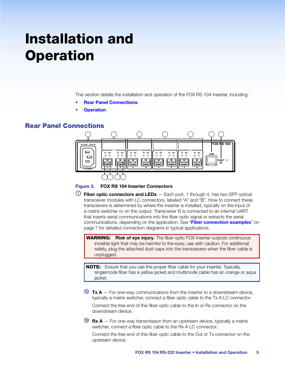 Installation and operation, Rear panel connections | Extron Electronics FOX RS 104 User Guide User Manual | Page 11 / 38