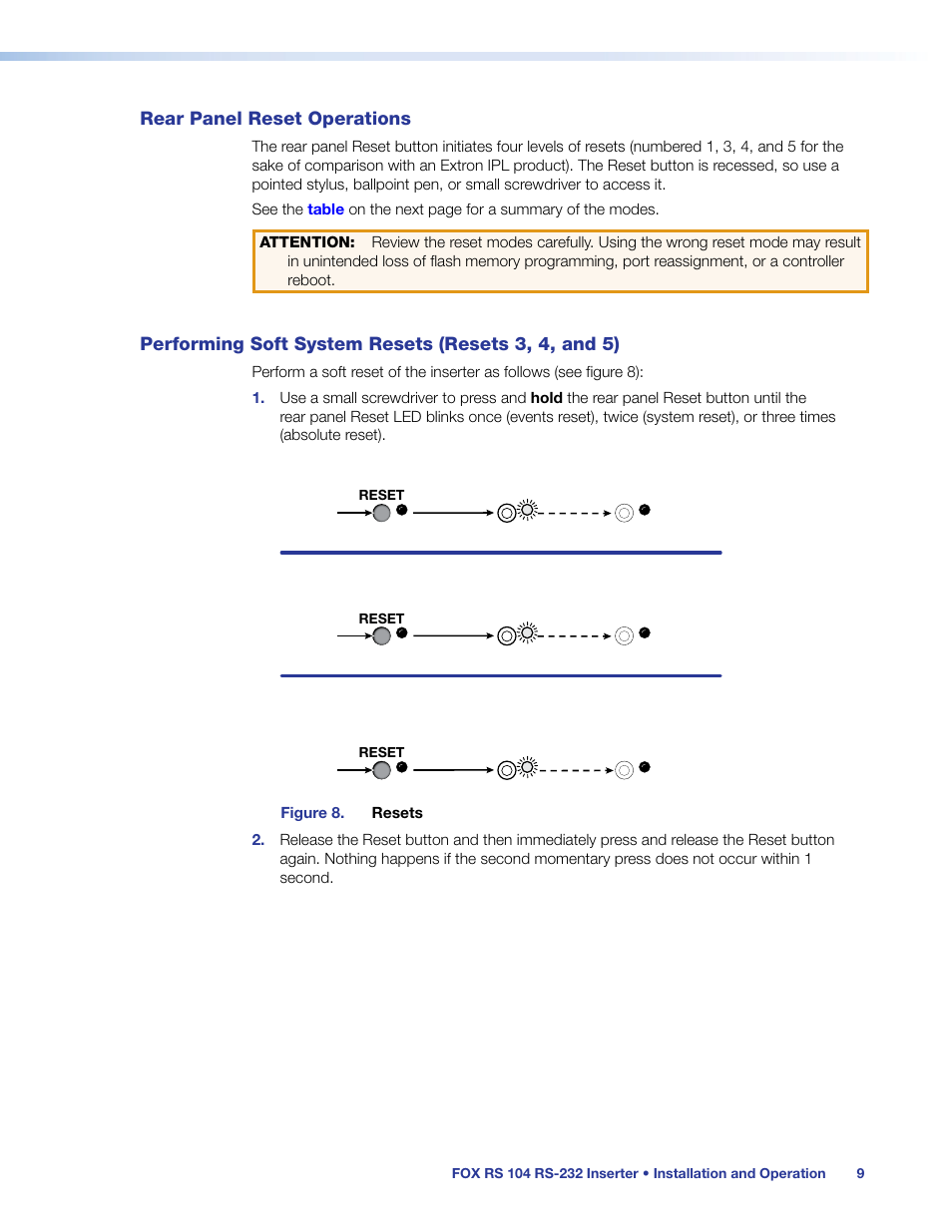 Rear panel reset operations, Performing soft system resets (resets 3, 4, and 5), Resets 3, 4, and 5) | Extron Electronics FOX RS 104 User Guide User Manual | Page 15 / 38