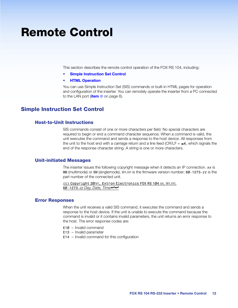 Remote control, Simple instruction set control, Host-to-unit instructions | Unit-initiated messages, Error responses | Extron Electronics FOX RS 104 User Guide User Manual | Page 18 / 38