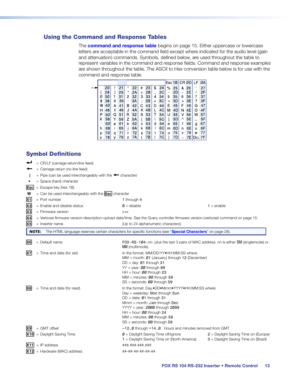 Using the command and response tables, Symbol definitions | Extron Electronics FOX RS 104 User Guide User Manual | Page 19 / 38