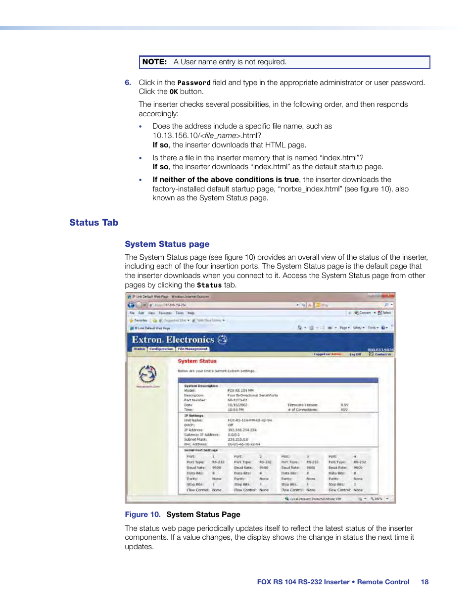 Status tab | Extron Electronics FOX RS 104 User Guide User Manual | Page 24 / 38