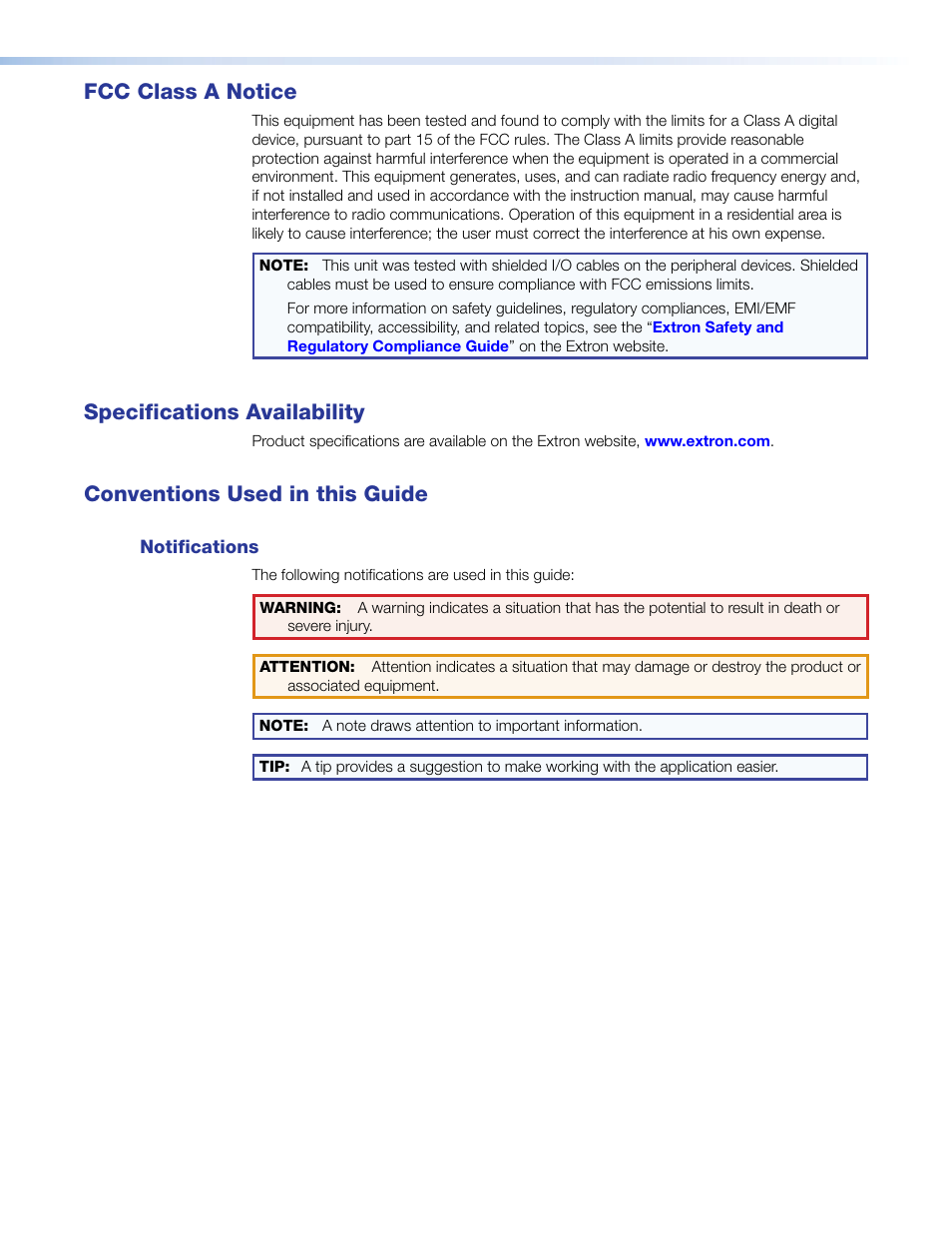 Fcc class, Fcc class a notice, Specifications availability | Conventions used in this guide | Extron Electronics FOX RS 104 User Guide User Manual | Page 3 / 38