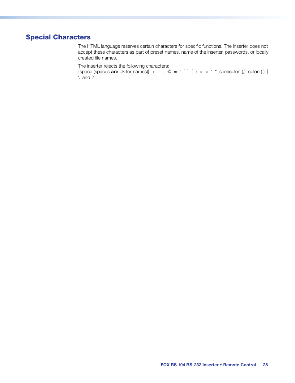 Special characters | Extron Electronics FOX RS 104 User Guide User Manual | Page 34 / 38