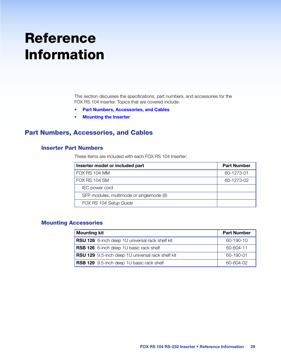 Reference information, Part numbers, accessories, and cables, Inserter part numbers | Mounting accessories, Inserter part numbers mounting accessories | Extron Electronics FOX RS 104 User Guide User Manual | Page 35 / 38