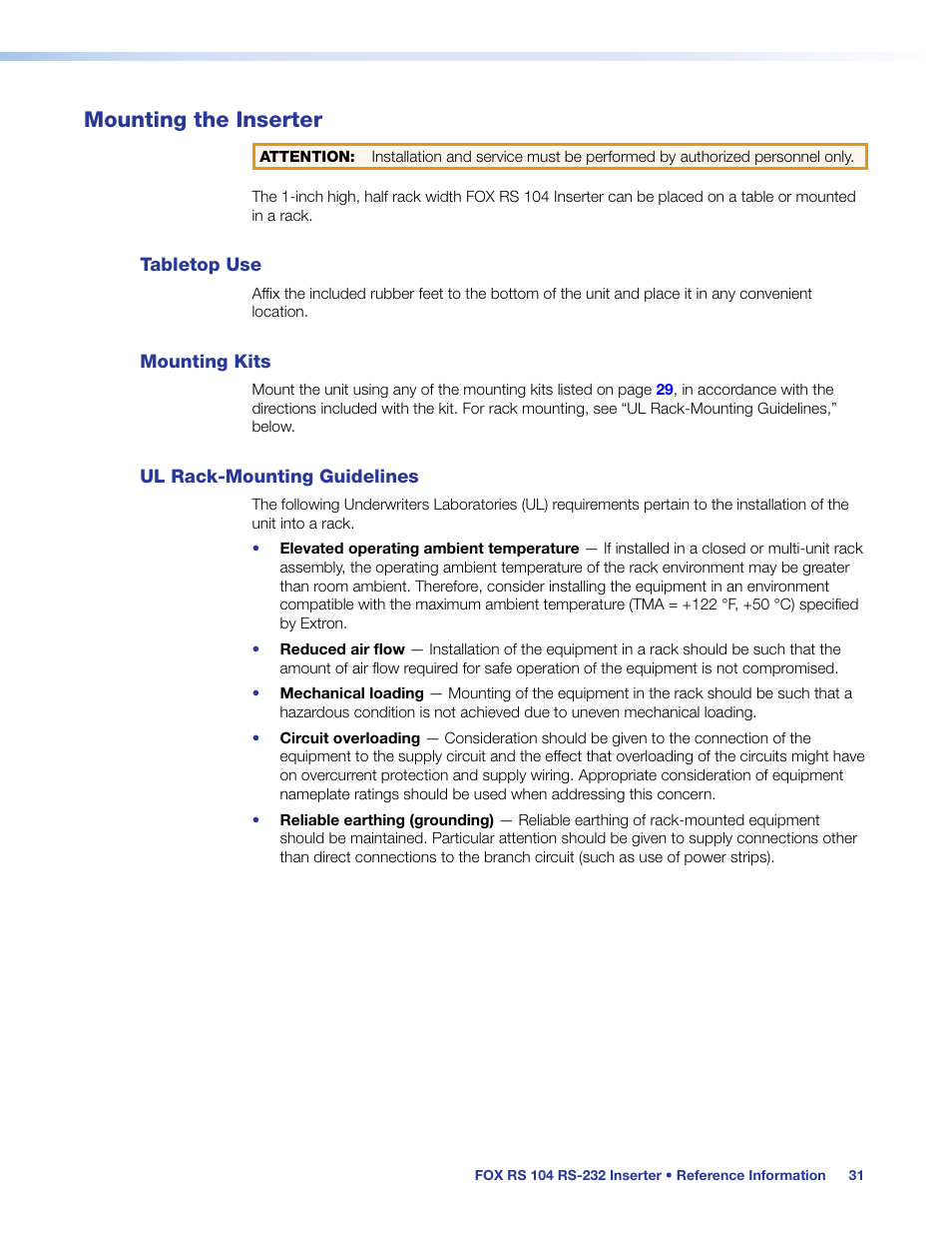 Mounting the inserter, Tabletop use, Mounting kits | Ul rack-mounting guidelines | Extron Electronics FOX RS 104 User Guide User Manual | Page 37 / 38