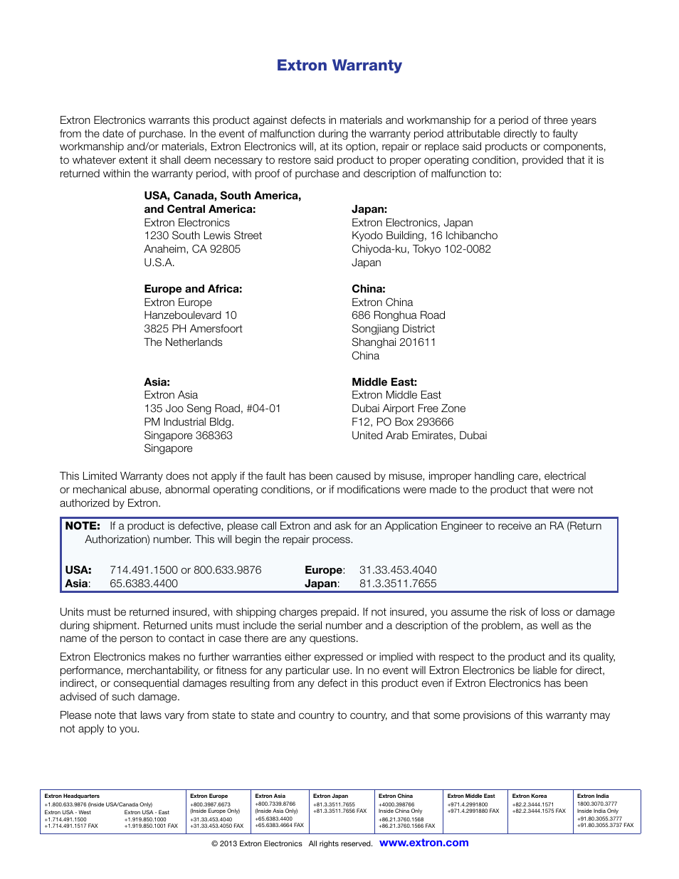 Warranty and contact info, Extron warranty | Extron Electronics FOX RS 104 User Guide User Manual | Page 38 / 38