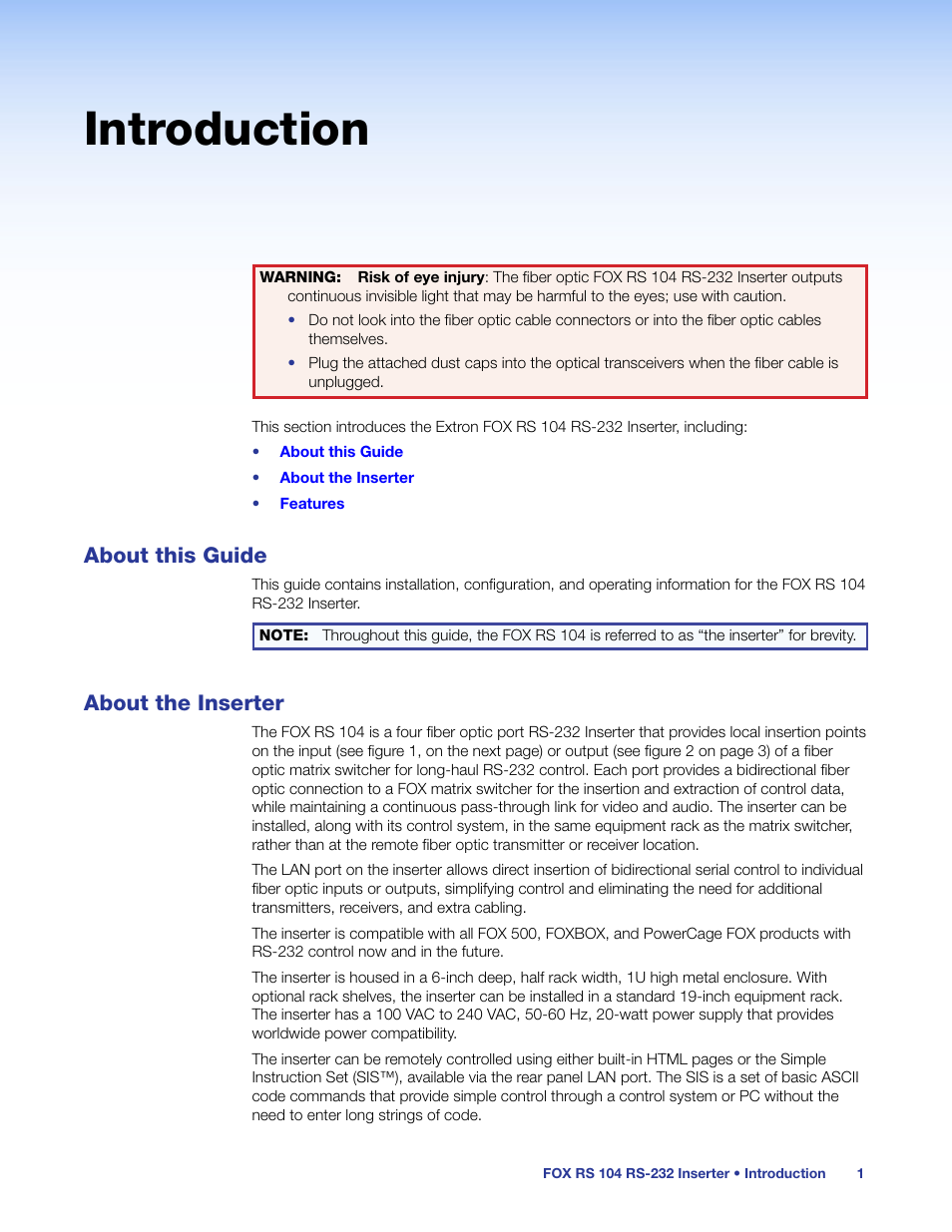 Introduction, About this guide, About the inserter | About this guide about the inserter | Extron Electronics FOX RS 104 User Guide User Manual | Page 7 / 38