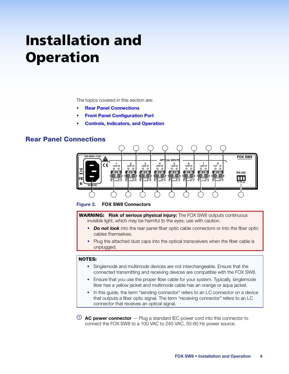 Installation and operation, Rear panel connections | Extron Electronics FOX SW8 User Guide User Manual | Page 10 / 29