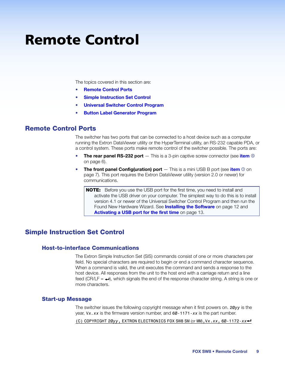 Remote control, Remote control ports, Simple instruction set control | Host-to-interface communications, Start-up message, Host-to-interface communications start-up message | Extron Electronics FOX SW8 User Guide User Manual | Page 15 / 29