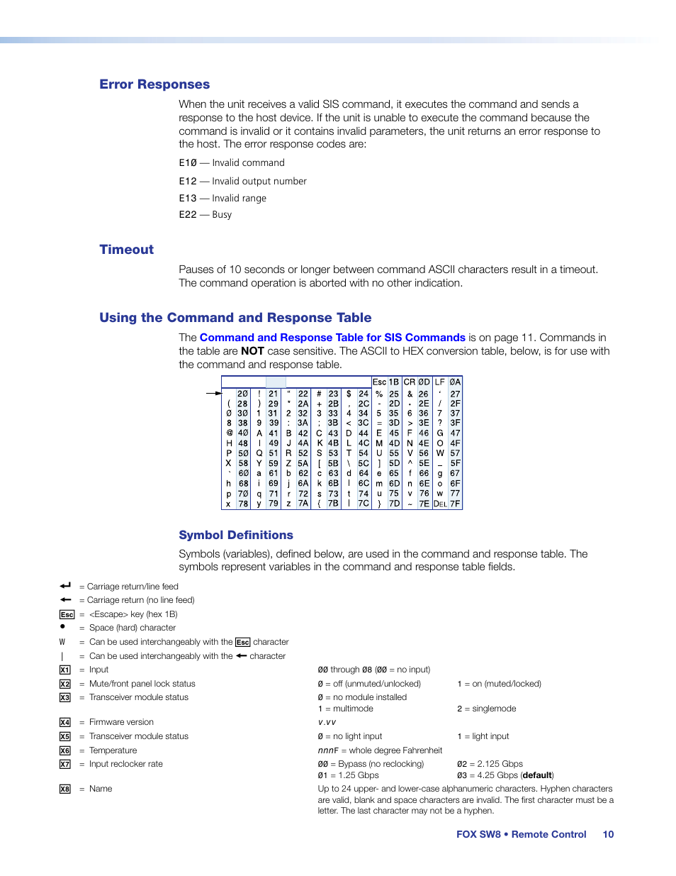 Error responses, Timeout, Using the command and response table | Symbol definitions | Extron Electronics FOX SW8 User Guide User Manual | Page 16 / 29