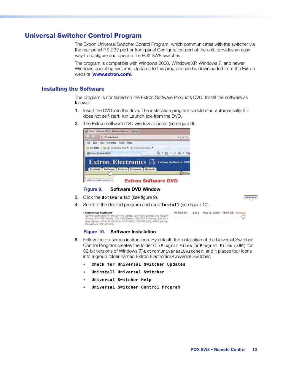 Universal switcher control program, Installing the software, D. see | Extron Electronics FOX SW8 User Guide User Manual | Page 18 / 29