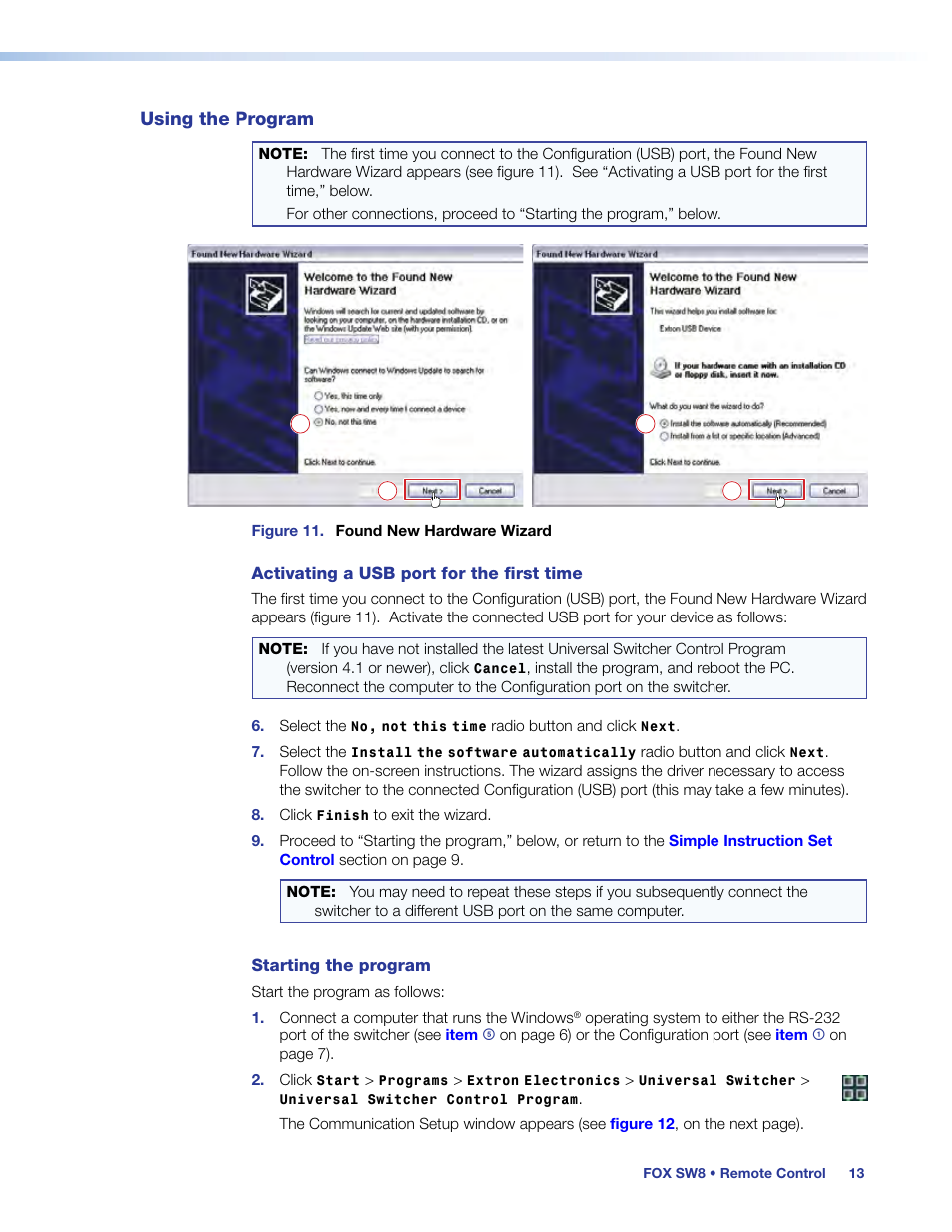 Using the program, Activating a usb port for the first time | Extron Electronics FOX SW8 User Guide User Manual | Page 19 / 29