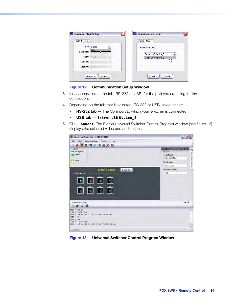 The communication setup window appears (see, Figure 12 | Extron Electronics FOX SW8 User Guide User Manual | Page 20 / 29