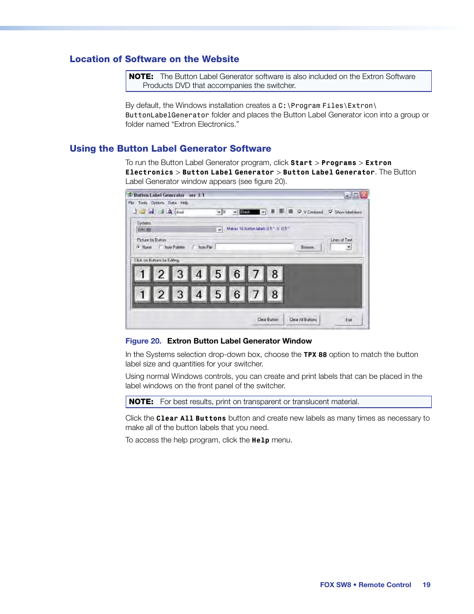 Location of software on the website, Using the button label generator software | Extron Electronics FOX SW8 User Guide User Manual | Page 25 / 29