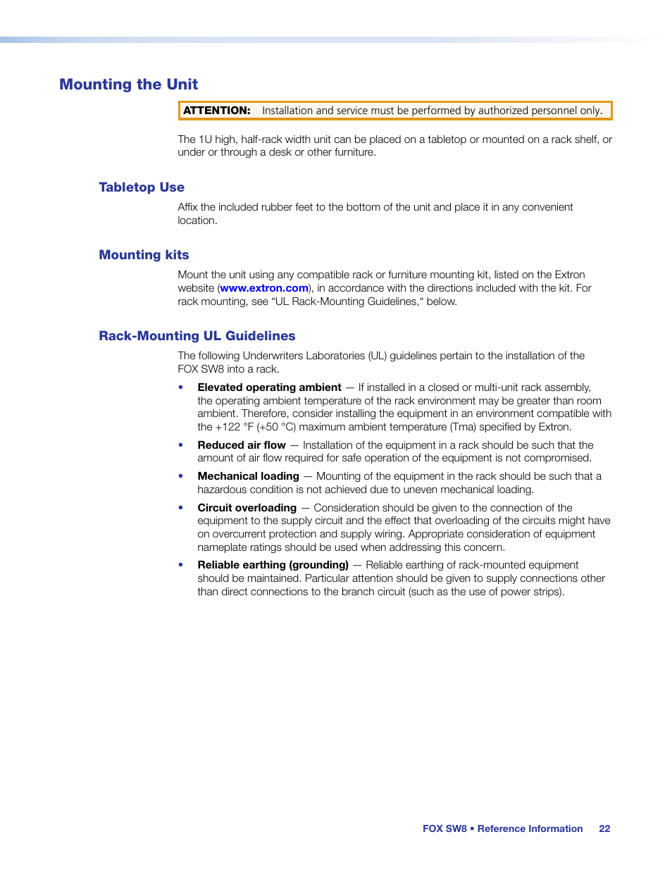 Mounting the unit, Tabletop use, Mounting kits | Rack mounting ul guidelines | Extron Electronics FOX SW8 User Guide User Manual | Page 28 / 29