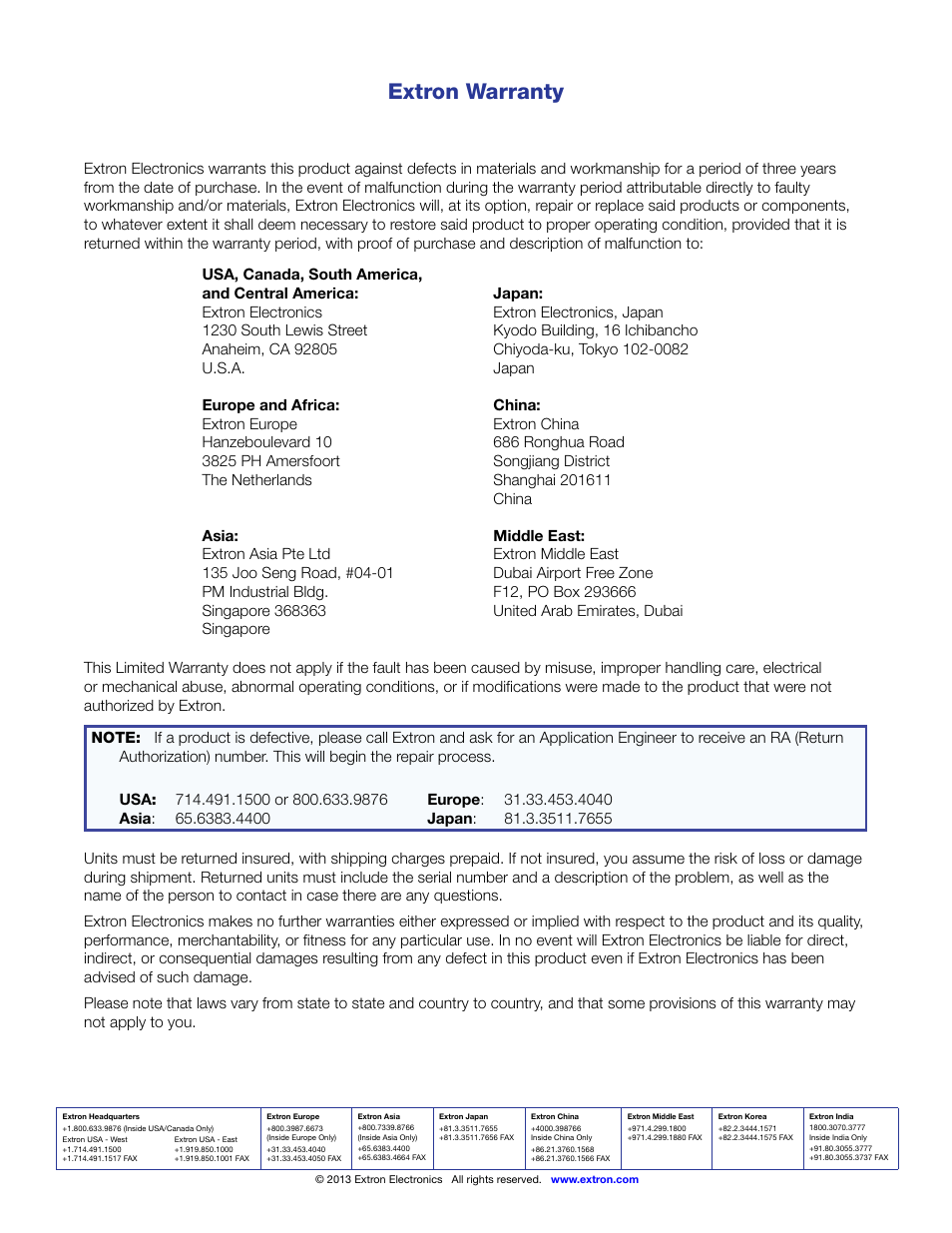 Warranty & contact in fo, Phone number, Extron warranty | Extron Electronics FOX SW8 User Guide User Manual | Page 29 / 29