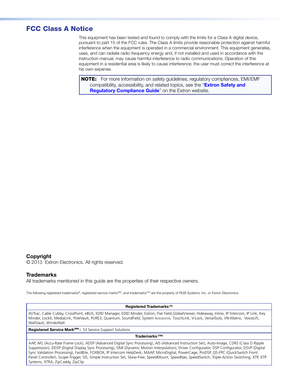 Fcc class, Fcc class a notice, Copyright | Trademarks | Extron Electronics FOX SW8 User Guide User Manual | Page 3 / 29