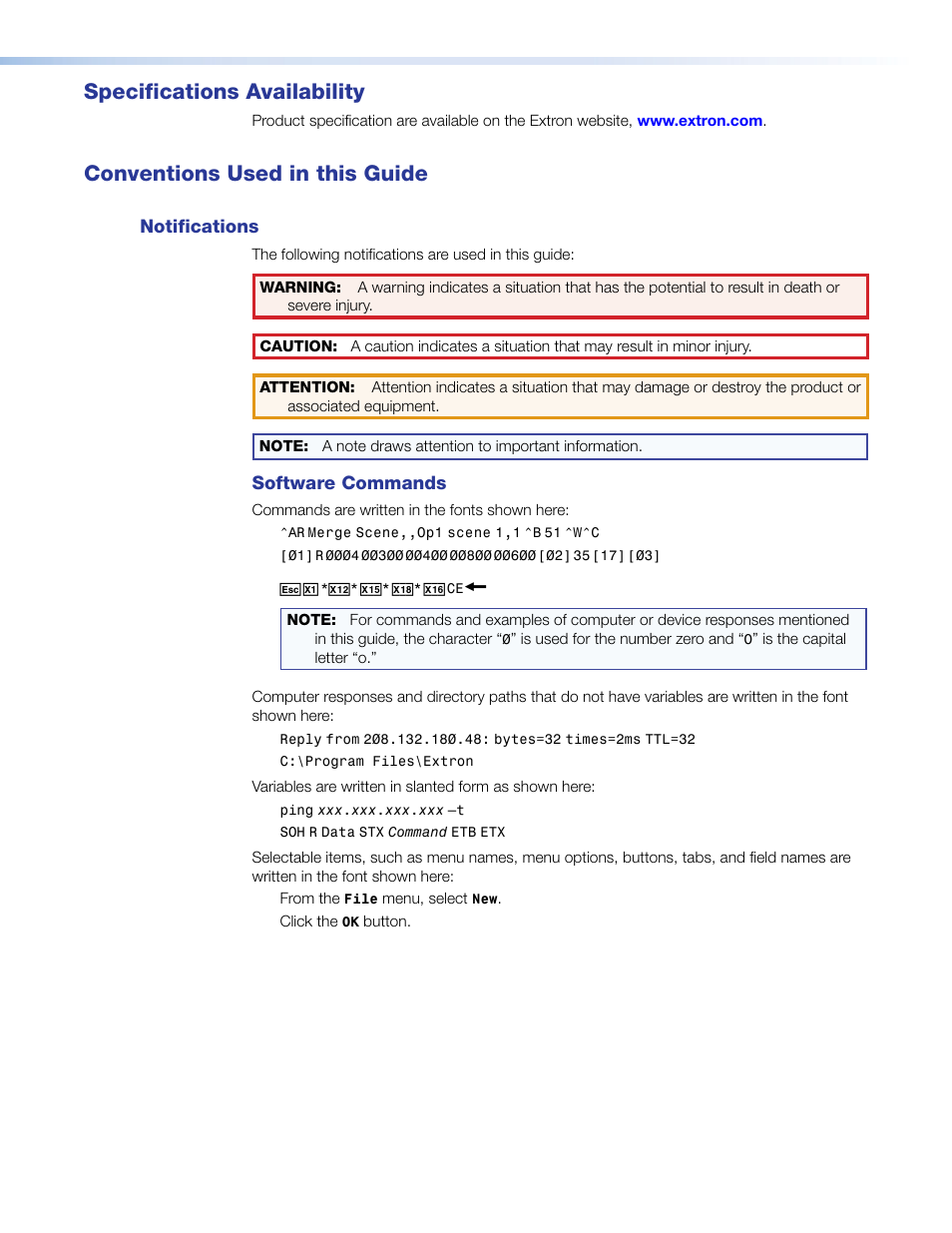 Specifications availability, Conventions used in this guide | Extron Electronics FOX SW8 User Guide User Manual | Page 4 / 29