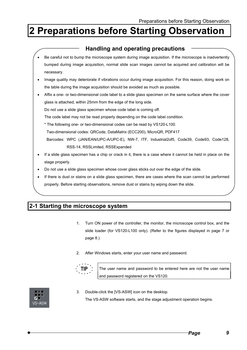 2 preparations before starting observation, 1 starting the microscope system, Handling and operating precautions | Olympus VS120 User Manual | Page 13 / 40