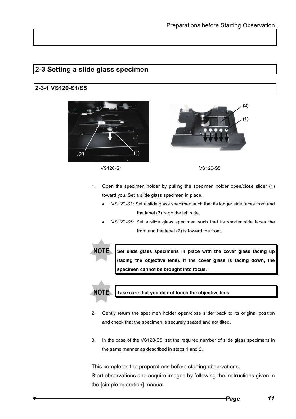 3 setting a slide glass specimen, 3-1 vs120-s1/s5 | Olympus VS120 User Manual | Page 15 / 40