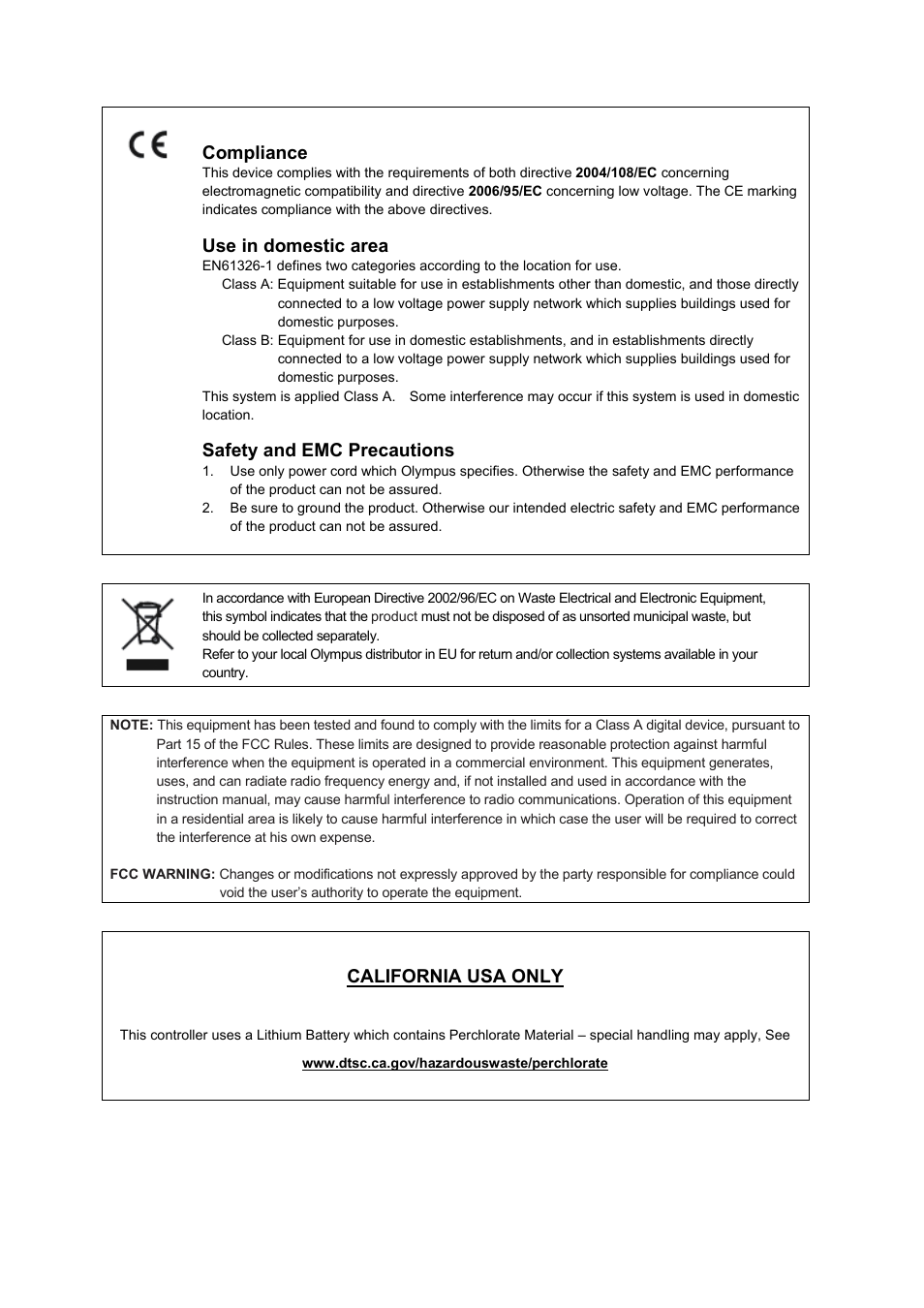 Compliance, Use in domestic area, Safety and emc precautions | California usa only | Olympus VS120 User Manual | Page 2 / 40