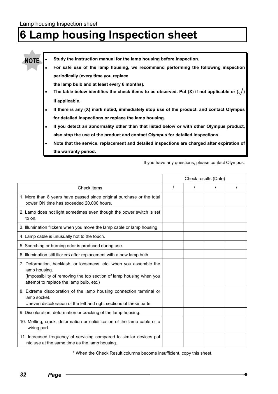 6 lamp housing inspection sheet, Lamp housing inspection sheet, 32 page | Olympus VS120 User Manual | Page 36 / 40