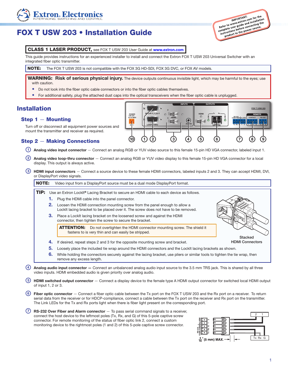 Extron Electronics FOX T USW 203 Installation User Manual | 2 pages