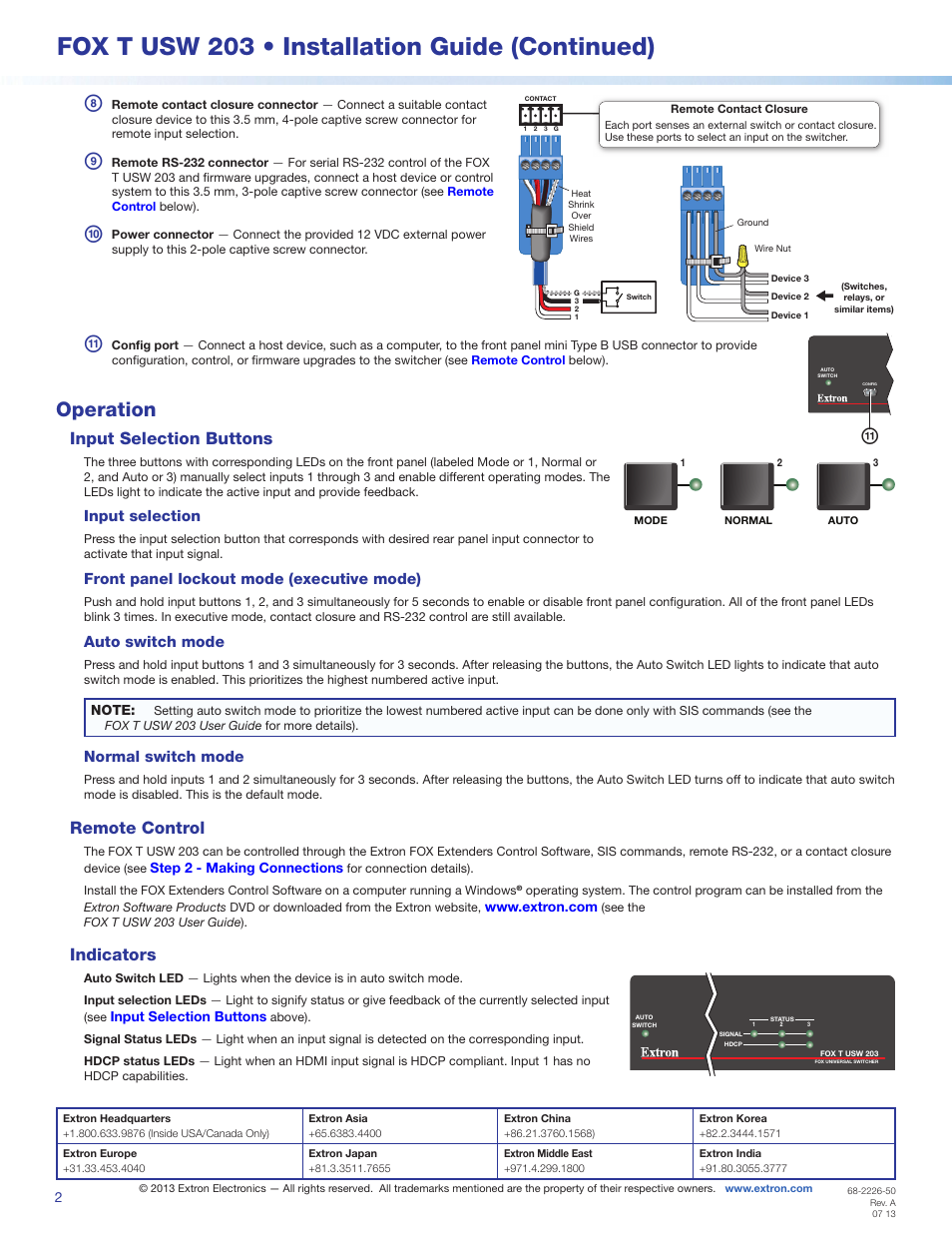 Fox t usw 203 • installation guide (continued), Operation, Input selection buttons | Remote control, Indicators, Input selection, Front panel lockout mode (executive mode), Auto switch mode, Normal switch mode, Step 2 - making connections | Extron Electronics FOX T USW 203 Installation User Manual | Page 2 / 2