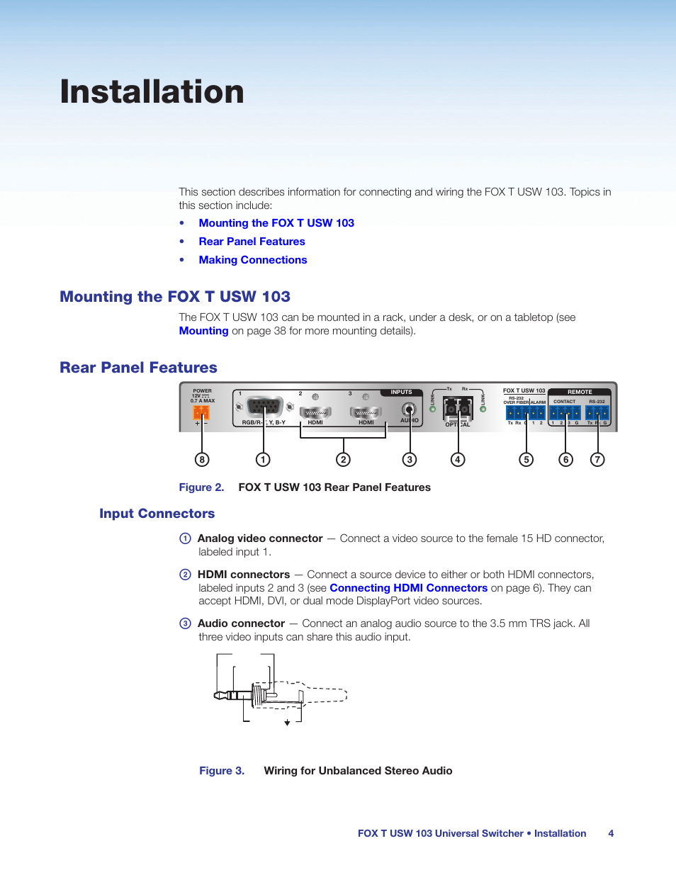Installation, Mounting the fox t usw 103, Rear panel features | Input connectors, Mounting the fox t usw 103 rear panel features | Extron Electronics FOX T USW 103 User Guide User Manual | Page 10 / 47