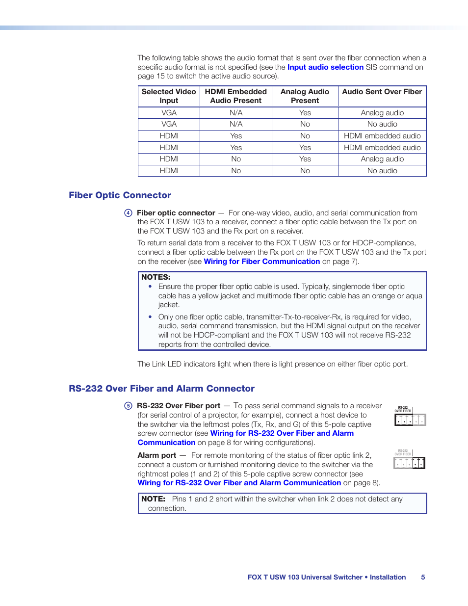 Fiber optic connector, Rs-232 over fiber and alarm connector | Extron Electronics FOX T USW 103 User Guide User Manual | Page 11 / 47