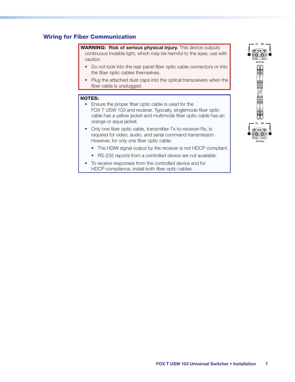 Wiring for fiber communication | Extron Electronics FOX T USW 103 User Guide User Manual | Page 13 / 47