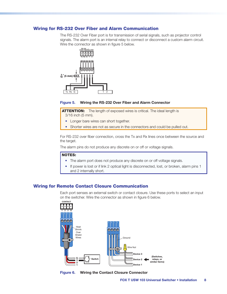 Wiring for remote contact closure communication, Wiring for rs-232 over fiber and alarm, Communication | Wiring for remote contact closure, Wiring, For remote contact closure communication, Figure 6. wiring the contact closure connector | Extron Electronics FOX T USW 103 User Guide User Manual | Page 14 / 47
