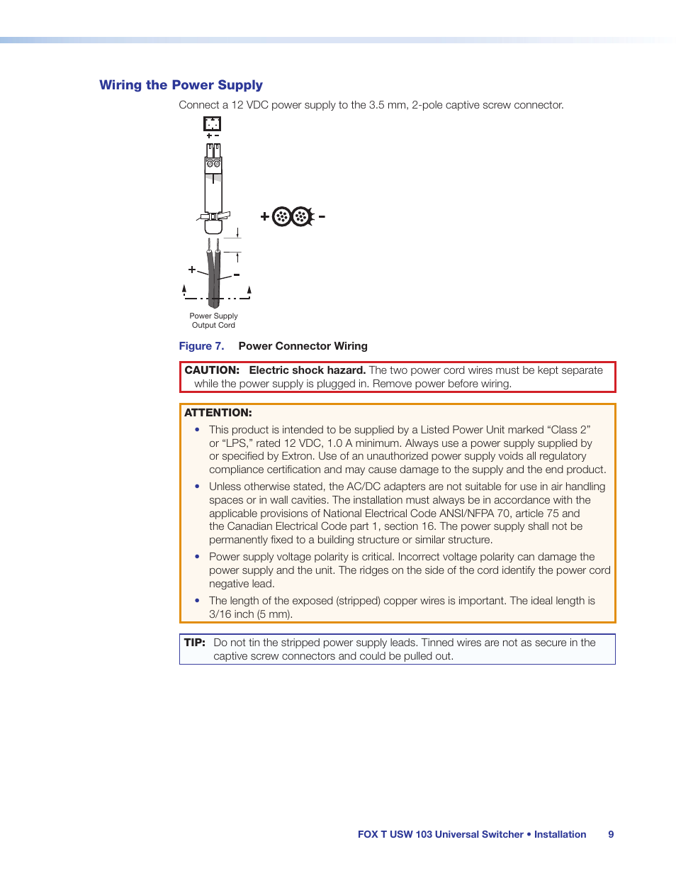 Wiring the power supply | Extron Electronics FOX T USW 103 User Guide User Manual | Page 15 / 47
