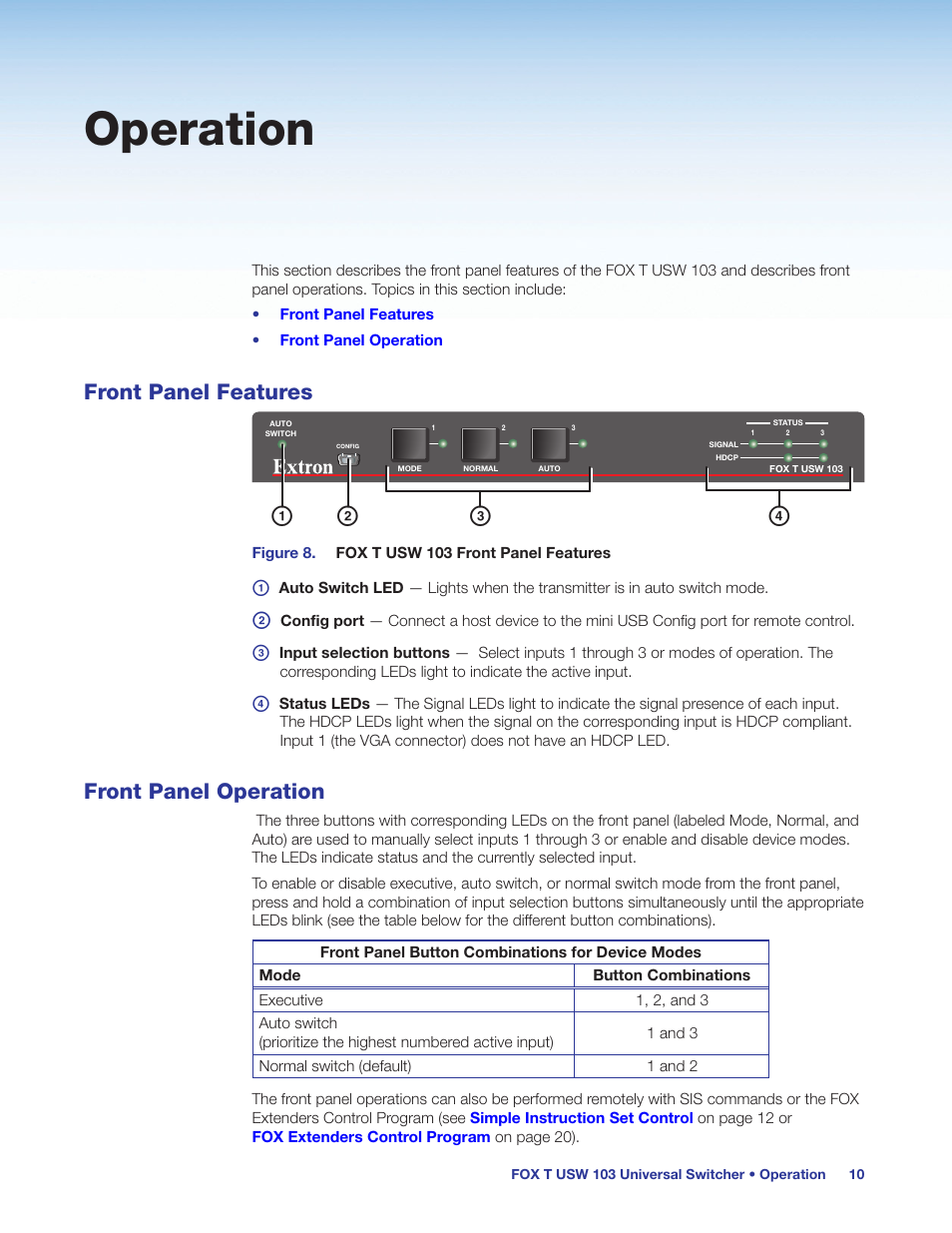 Operation, Front panel features, Front panel operation | Front panel features front panel operation, Ac d b | Extron Electronics FOX T USW 103 User Guide User Manual | Page 16 / 47