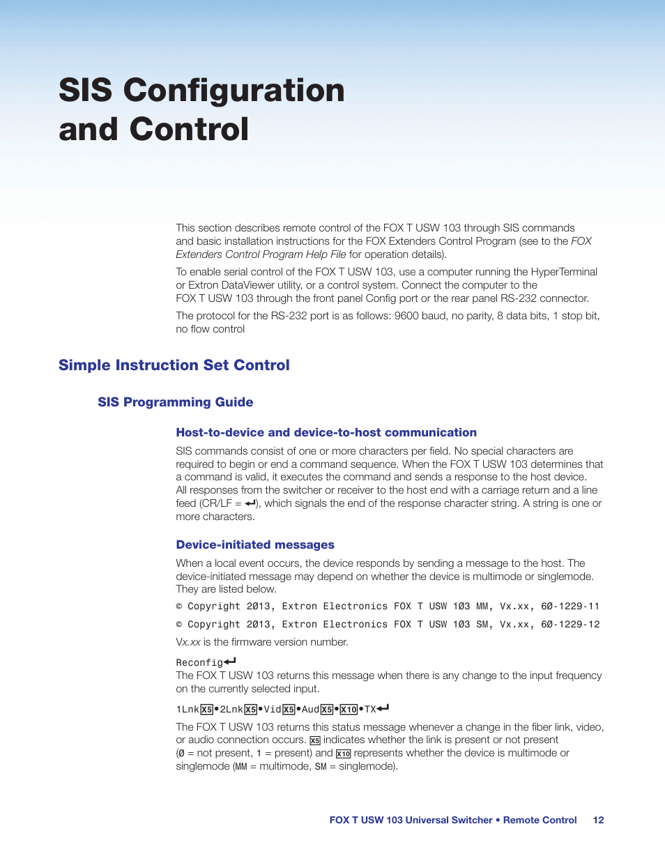 Sis configuration and control, Simple instruction set control, Sis programming guide | Ogram (see | Extron Electronics FOX T USW 103 User Guide User Manual | Page 18 / 47
