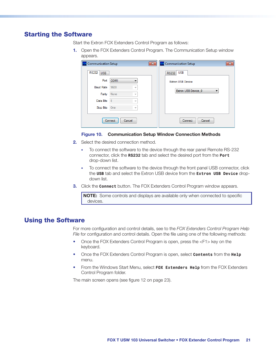 Starting the software, Using the software, Starting the software using the software | Extron Electronics FOX T USW 103 User Guide User Manual | Page 27 / 47