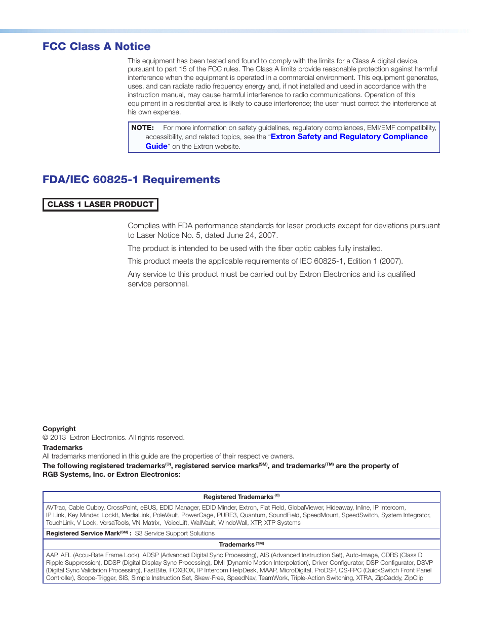 Fcc class, Fda/iec 60825-1 requirements, Fcc class a notice | Extron Electronics FOX T USW 103 User Guide User Manual | Page 3 / 47
