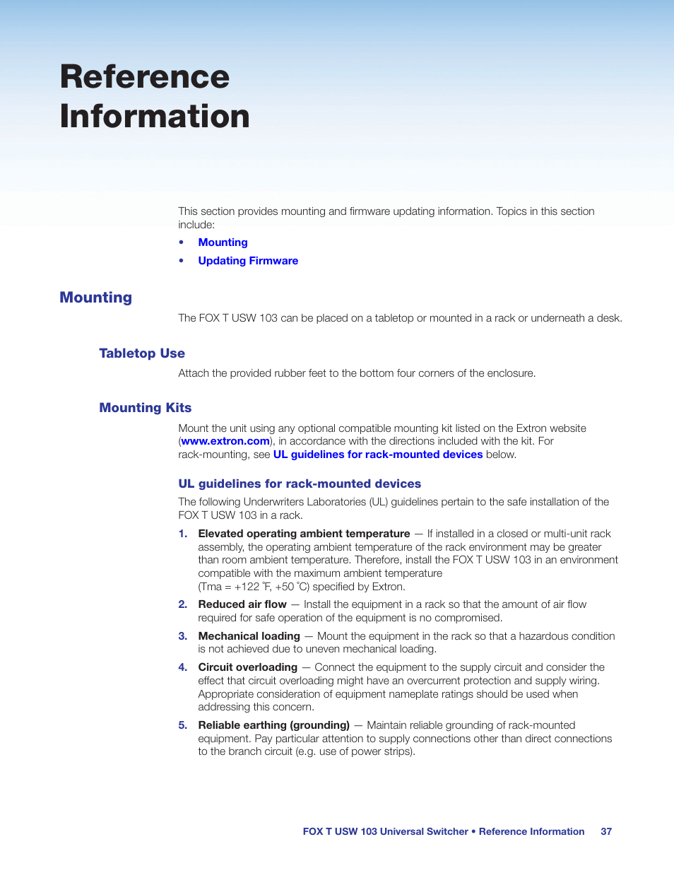 Reference information, Mounting, Tabletop use | Mounting kits, Tabletop use mounting kits | Extron Electronics FOX T USW 103 User Guide User Manual | Page 43 / 47